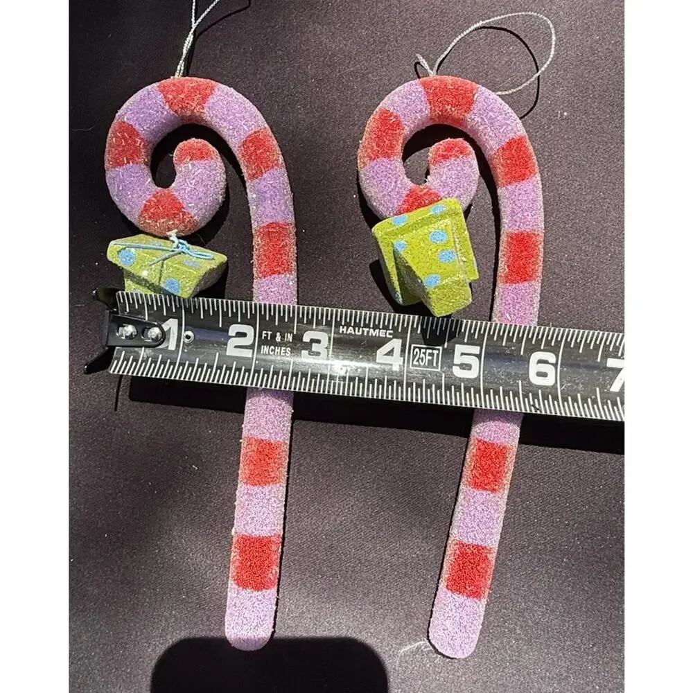 2 Vtg Dept 56 Whimsical Sugared Candy Cane Christmas Ornaments Frosted -K1